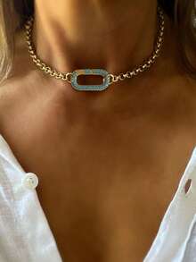 1件金色字母項鍊，奢華天藍色橢圓雙扣白鑽吊墜項鍊，精緻女性節日派對禮物 - 金黃色 - 查看 15