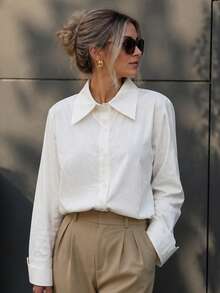 1pc Women's Solid Color Pointed Collar Blouse, Folded Cuff Loose Drop Shoulder Long Sleeve Commuter Versatile All-Match Shirt White - White - View 8