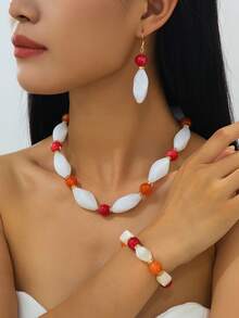 4pcs Colorful Jade Bohemian Style Beaded Necklace Bracelet Earrings Set, Vintage Romantic Geometric 3D Exquisite Women's Jewelry Set, Fashion Vintage Accessory Gift - Purple - View 12