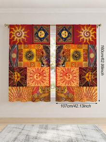 2pcs Vintage Patchwork Sun Print Semi-Sheer Curtains, Bohemian Warm Tone Plaid Sun God Pole Bag Curtains For Bedroom Floor-To-Ceiling Window Decor - Multicolor - View 10
