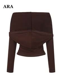 ARA CHIC 3-Way Wear Long Sleeve Top, Women's Contrast Stitching Ruched Fitted Cropped T-Shirt, Multi-Wear Off-Shoulder Ruffled Collar Y2K Top, Casual Street Date Top - Brown - View 11