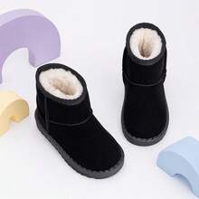 1 Pair Kids Black Plush Lined Minimalist Snow Boots, Suitable For Autumn/Winter Outdoor Play - Black - View 3