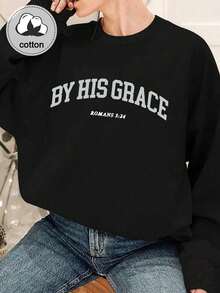 2026女款基督教主題運動衫 -「By His Grace」設計；舒適圓領套頭衫，適合秋冬穿著 - 黑色 - 查看 2