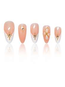 Change Your Nails With It 24片/組 優雅粉白配色 3D波浪法式花卉金珠裝飾 杏仁形穿戴甲，含果凍膠與指甲锉，適合女孩與女性日常佩戴、派對，美甲用品，秋季美甲 - 彩色 - 查看 3