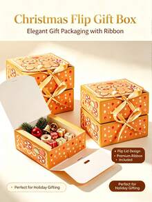 Christmas Gingerbread Flip-Top Gift Box With Bow, 4.53" X 4.53" X 2.36" Paper Gift Box, Christmas Candy Cookie Jewelry Holiday Party Favor Packaging Box - View 4