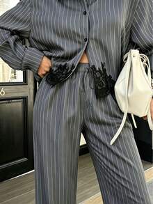 Women's Autumn Loose Long Sleeve Shirt And Drawstring Wide Leg Pants 2 Pieces Set With Collar, Vertical Stripes And Lace Patchwork - Dark Grey - View 4
