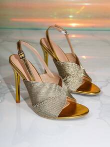 Sandal Hak Tinggi Wanita dengan Hiasan Simpul Kepang Emas di Bagian Depan dan Tali Belakang, Sepatu Pesta dan Pernikahan Hak Tinggi dengan Gesper dan Ujung Terbuka - Emas - View 1