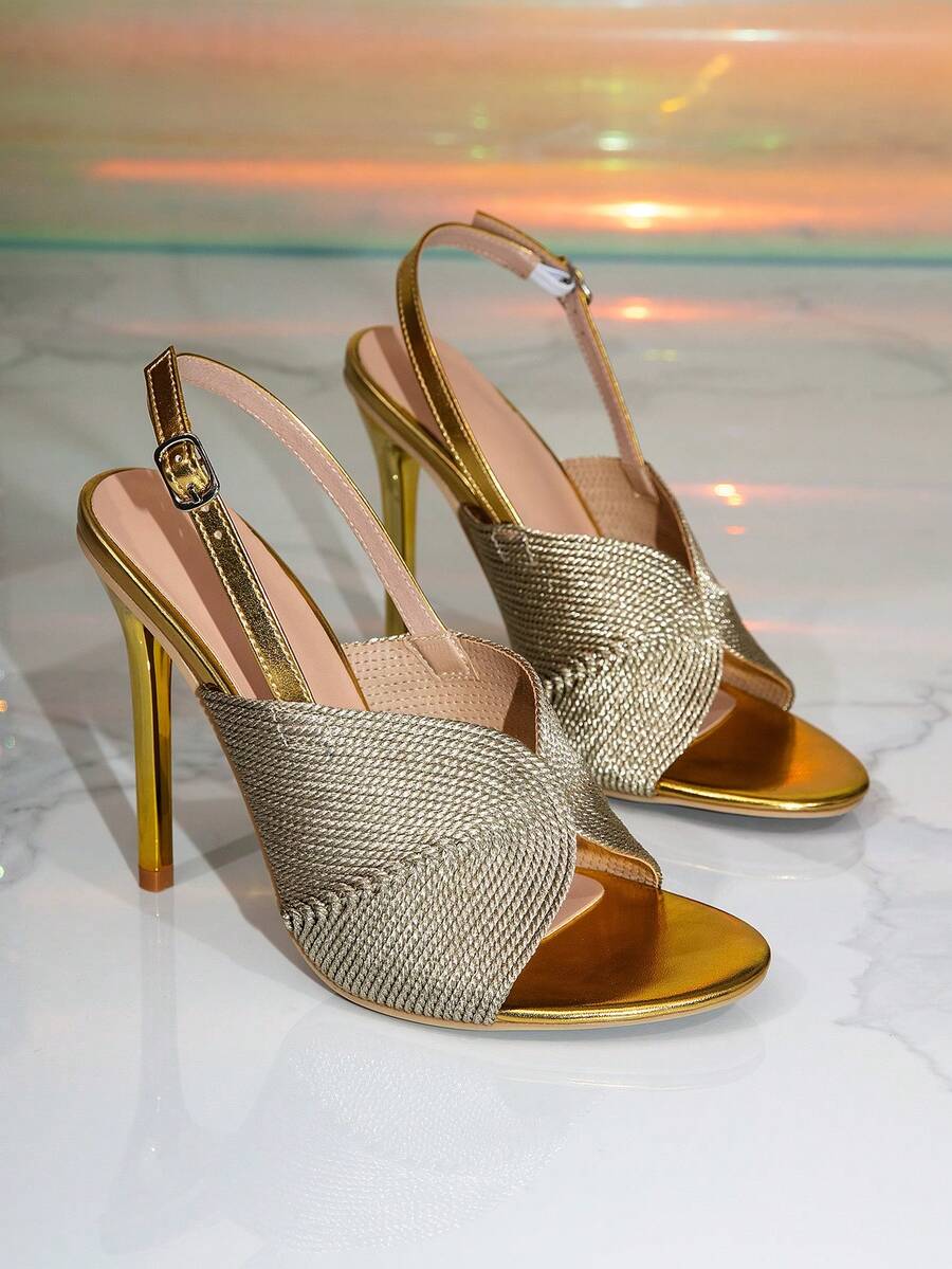 Sandal Hak Tinggi Wanita dengan Hiasan Simpul Kepang Emas di Bagian Depan dan Tali Belakang, Sepatu Pesta dan Pernikahan Hak Tinggi dengan Gesper dan Ujung Terbuka - Emas - View 1