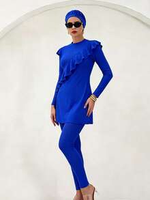 WaveBikini Burkini 女款保守式泳衣套裝，UPF 防曬，荷葉邊長袖純色藍色，附希賈布，適合海灘游泳 - 藍色 - 查看 2