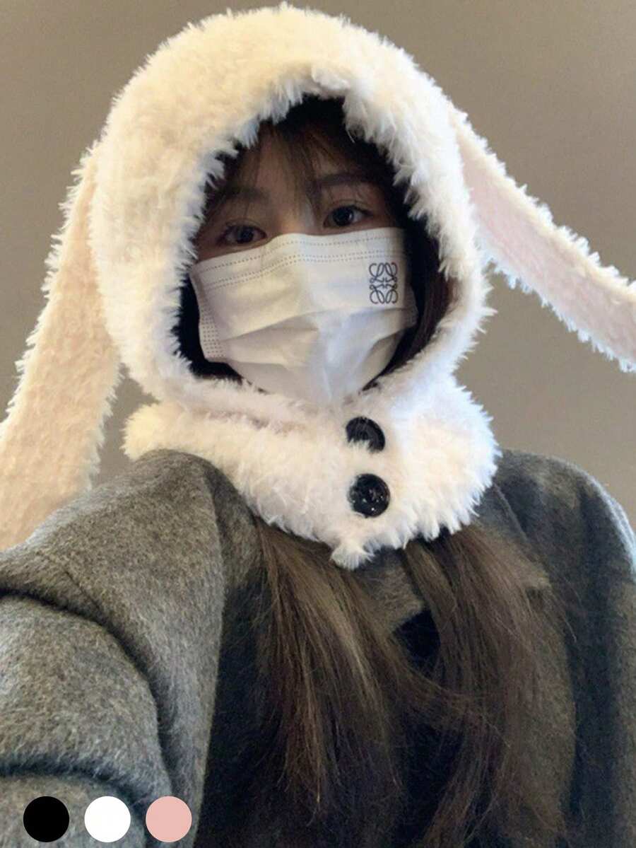 Women's Rabbit Ear Hooded Scarf Hat, Winter Warm Soft Fleece Neck Warmer, 2-In-1 Fuzzy Long Rabbit Ear Hat, Suitable For Cold Weather Outdoor - Multicolor - View 1