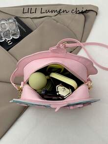 Shoulder Bag, Cupcake 3D Shape Polka Dot Print Bow Accessory Heart Patch Letter Embroidery Cream Drip Design Chain Splicing Adjustable Crossbody Strap Flap Snap Closure Lolita Style Cartoon Asymmetrical Shape Bag Sweet Girl Fun Small Bag - Pink - View 4