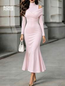 ROSIE POPHUB Women Light Pink Mock Neck Cutout Shoulder Wrap Long Sleeve Slim Mermaid Hem Maxi Dress Elegant Party Evening Gown For Fall & Winter - Pink - View 3
