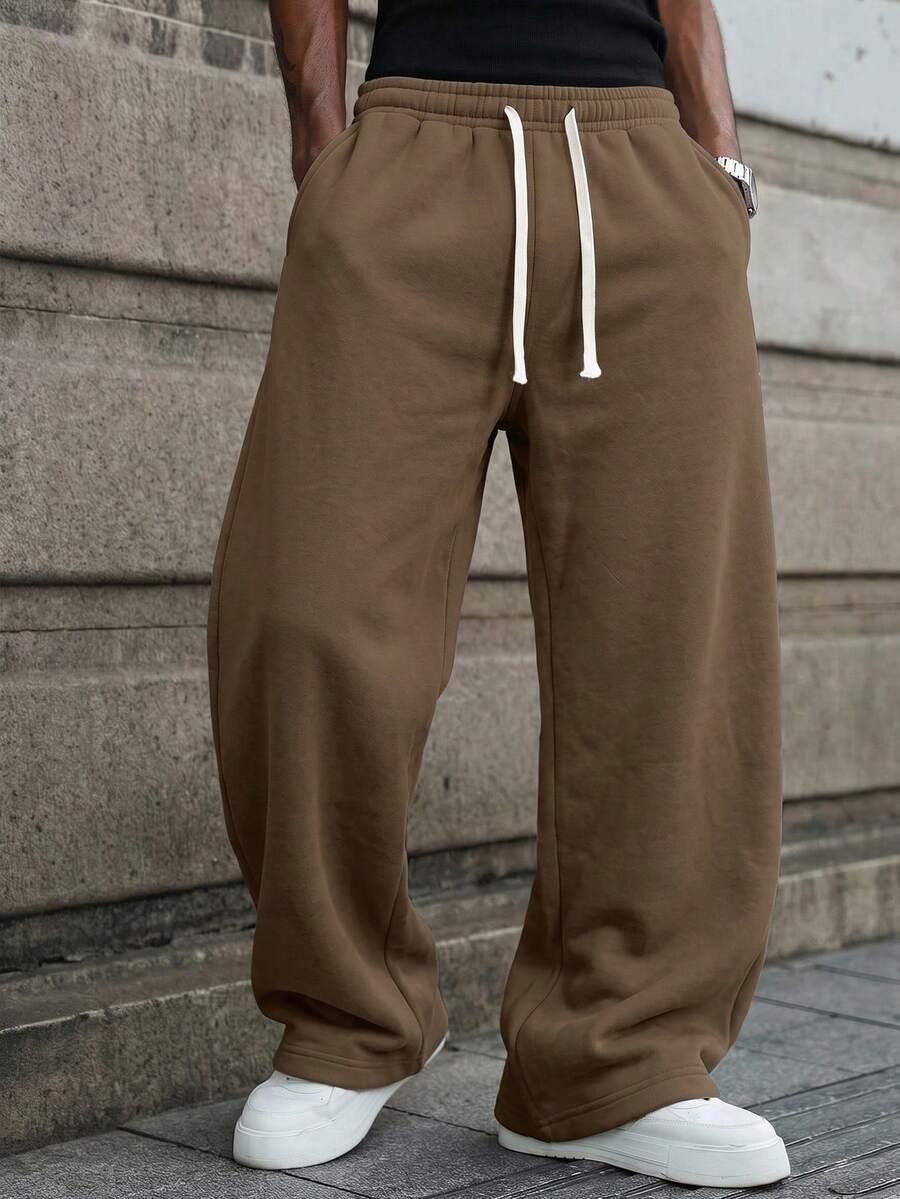 男士 1 對寬鬆時尚運動長褲,極簡純色寬腿版型,抽繩腰頭設計,附大口袋,中性款,適合日常走路、工作、旅行、觀看世界盃等場合,父親節送給爸爸的最佳禮物,7 月 4 日慶祝服飾 - 棕色 - 查看 1