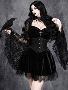 Gothic Sexy Velvet Stretch Dress With Metal Pendant, Dark Style, Lace Patchwork, Suitable For Halloween Party, Cosplay And Witch Style - Black - View 1