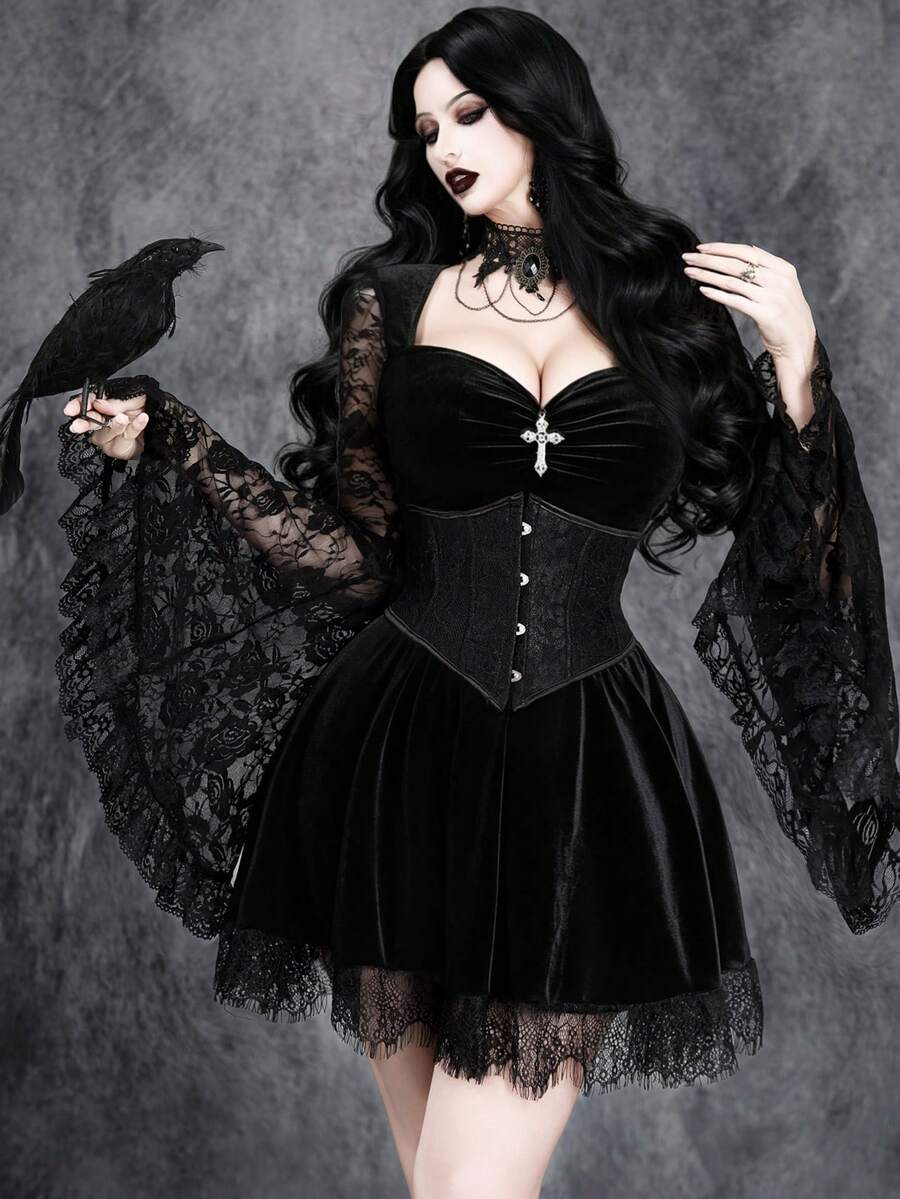 Gothic Sexy Velvet Stretch Dress With Metal Pendant, Dark Style, Lace Patchwork, Suitable For Halloween Party, Cosplay And Witch Style - Black - View 1