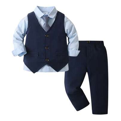 Young Boy 3Pcs Suit Set,Long Sleeve Shirt+V‑Neck Waistcoat Vest+Trousers,Autumn Outfits,Outfit Of The Day For First Day Of School Homecoming Party