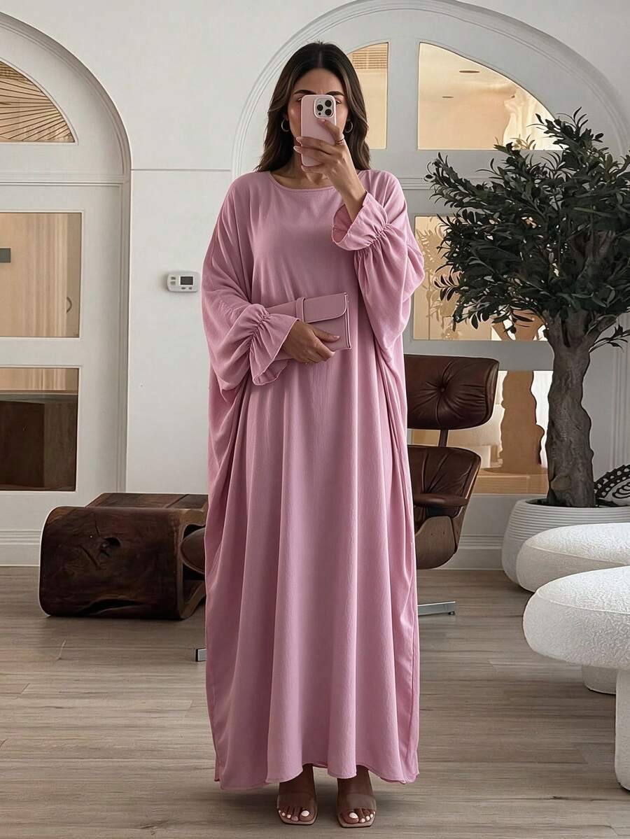 Gaun Abaya Panjang Lengan Panjang Longgar, Jubah Kasual Leher Bulat Panjang, Cocok untuk Pemakaian Sehari-hari - MultiWarna - View 1