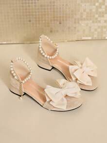 Cream White Bow Pearl Chunky Heel Sandals Women's Open Toe Ankle Pearl Chain Wedding Date Low Square Heel Shoes - Beige - View 5