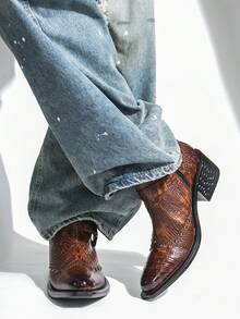 Men's Brown Crocodile Embossed Western Pointed Toe Rivet Side Zipper Chelsea Boots Vintage Workwear High-Top Boots - Brown - View 4
