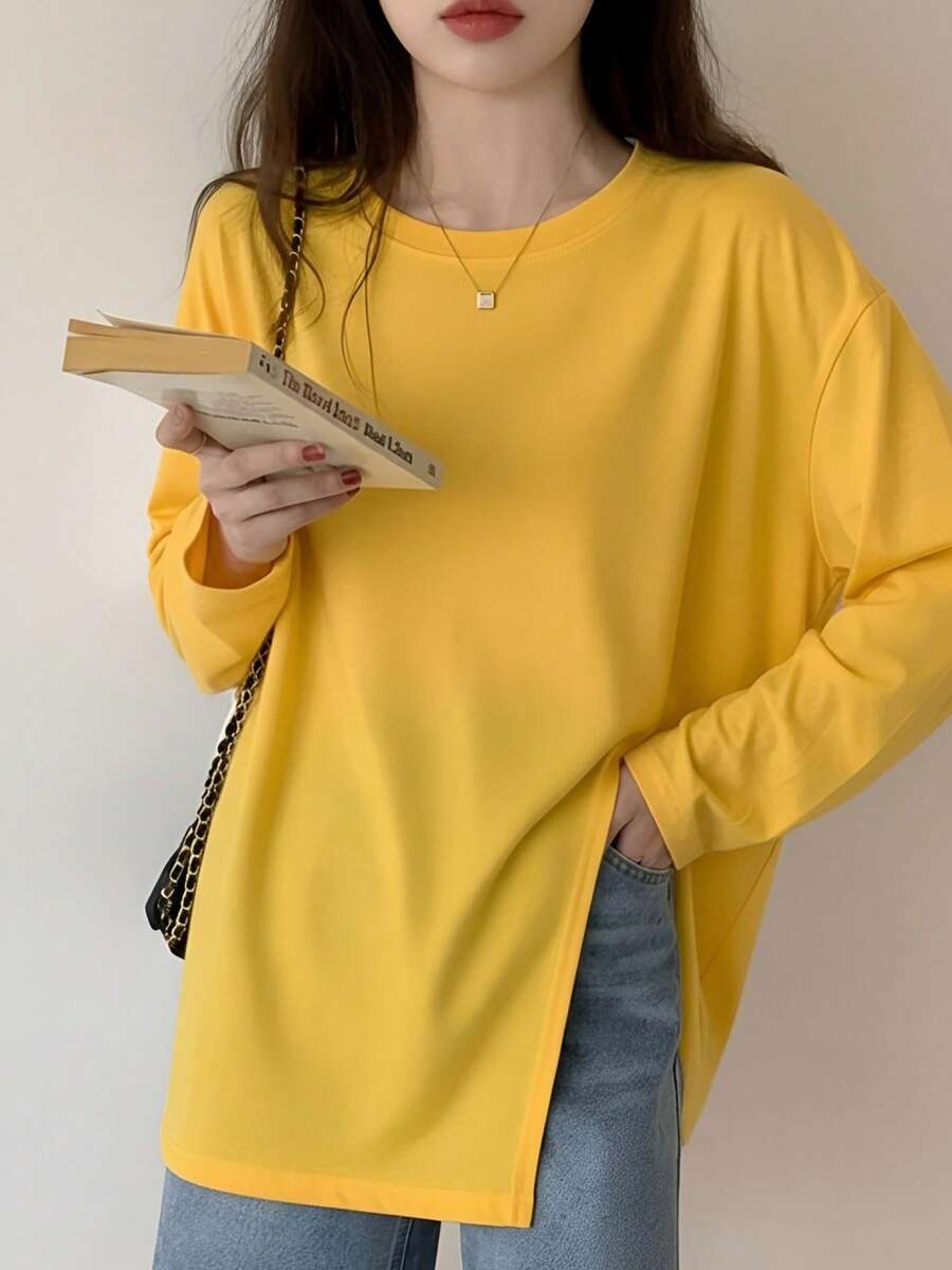 Kaos Lengan Panjang Minimalis Warna Polos untuk Wanita, Belahan Samping, Atasan Longgar yang Melangsingkan, Cocok untuk Awal Musim Gugur, Lapisan Dasar Kasual. - Kuning - View 1