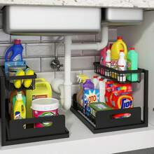 2-Tier Under Sink Storage Rack With Pull-Out Basket, Space-Saving Pipe Design Under Sink Organizer, Drill-Free Sliding Cabinet Storage Rack, Suitable For Kitchen, Bathroom, Cabinet And Cleaning Supplies - Black - View 20
