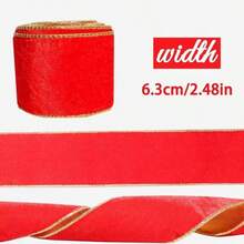 Red & Green Velvet Christmas Ribbon, 2.48" X 114", One-Piece Red Patterned Gold Trim Ribbon, High-Quality Y-Shaped Velvet Satin Ribbon, Suitable For Christmas Tree Decoration, Holiday Gift Wrapping, Wreaths, Crafts - Multicolor - View 6