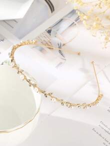 1pc Fashion Elegant Pearl Rhinestone Leaf Alloy Thin Headband Hair Accessory For Women, Suitable For Daily Wear, Party Decoration, Gift For Friends - Gold - View 5