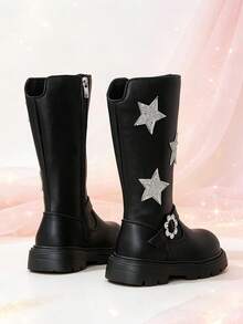 1 Pair Girls' Tall Riding Boots, Silver Star + Floral Rhinestone, Elastic Soft Sole With Inner Zipper Design, Cute Princess Style Long Boots, Suitable For Daily Wear, School, Holiday, Party, Autumn/Winter New Arrival - Black - View 7