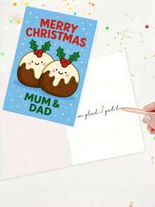 1 Greeting Card + 1 Envelope Adorable Christmas Greeting Card, Cute Pudding Couple Design Merry Christmas, Perfect For Parents, Festive Holiday Cartoon Style Card. - Multicolor - View 2