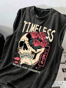 Plus Size Men's Casual Tank Top, Creative "Skull" & "Flower" English Geometric Print, Urban Street Style Casual Sports Weekend Top, Suitable For Spring, Summer, Autumn - Black - View 1