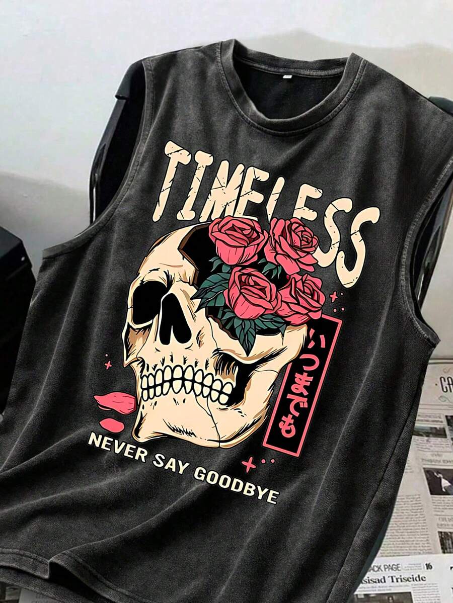 Plus Size Men's Casual Tank Top, Creative "Skull" & "Flower" English Geometric Print, Urban Street Style Casual Sports Weekend Top, Suitable For Spring, Summer, Autumn - Black - View 1