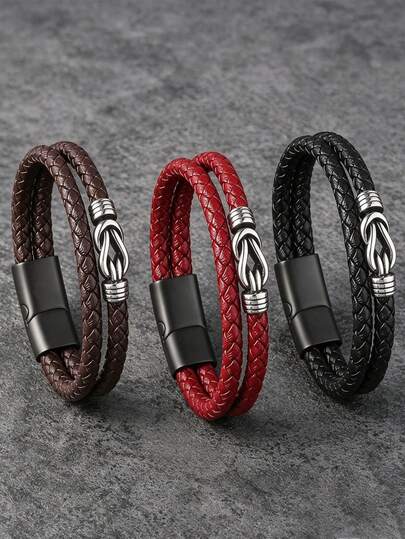 1 Buah Gelang Kulit PU Anyaman Retro Pria, Gelang dengan Simbol Tak Terbatas, Gesper Magnet Dekoratif Paduan Logam, Perhiasan Kasual Punk untuk Pria, Hadiah