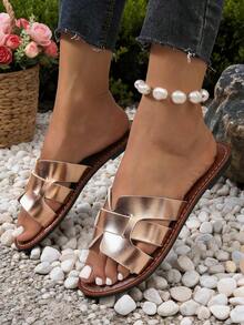 Women Champagne Gold Metallic H‑Shape Woven Slide Sandals, Open‑Toe Outdoor Slides, Summer Vacation Beach Shoes - Champagne - View 8