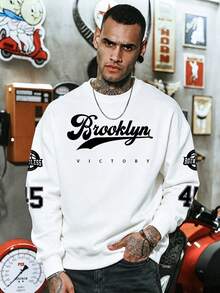 Men's "VICTORY" Graphic Print Crew Neck Pullover Sweatshirt, Streetwear Style, Autumn/Winter - White - View 4