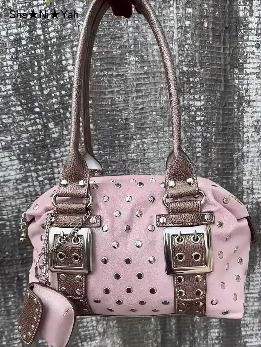 2026 Korean Style Rivet Leather Polka Dot Design Motorcycle Style Tote Bag Vintage Large Capacity Commuter Fashion Handbag Underarm Bag (No Accessories Included) - Pink - View 1