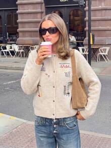 Damen Strickjacke mit Linienkunst-Stickerei, Pullover mit Knopfleiste und Rundhalsausschnitt, geeignet für Herbst/Winter Thanksgiving- und Weihnachts-Outfits - Aprikosenfarben - Übersicht 7