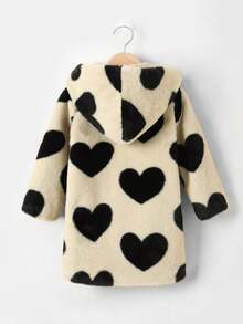 Tween Girls Heart Pattern Faux Fur Hooded Coat Winter Warm Fleece Fuzzy Thermal Jacket - Khaki - View 6