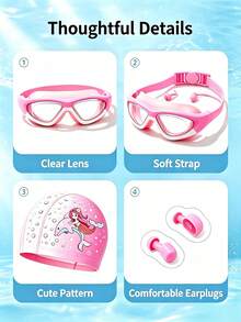 Children's Swimming Goggles & Swim Cap Set, High-Definition Anti-Fog Large Frame Goggles With Earplugs, Soft Waterproof Swim Cap, Snug Fit Without Tightness, For Kids Swimming Training & Water Play, Comfortable & Swimming Gear - Multicolor - View 3