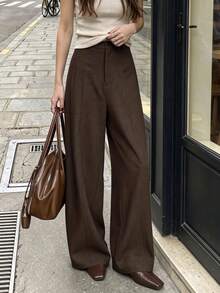 Women's Relaxed Minimalist Elegant Commuter Style High Waist Wide Leg Long Pants Non-Stretch Spring Autumn Fashion Versatile Trousers - Brown - View 2