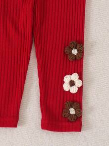 2pcs Girls (Infant) Sweet & Cute 3D Knitted Flower Decor Round Neck Long Sleeve Top & Matching Pants Set, Spring/Autumn - Red - View 5