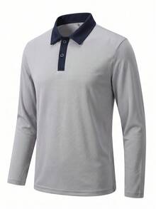 Men's Long Sleeve Polo T-Shirt, Solid Color Polo Shirt For Spring And Autumn, Daily Commute Work, Golf Sports Casual Wear Men's Top - Light Grey - View 4