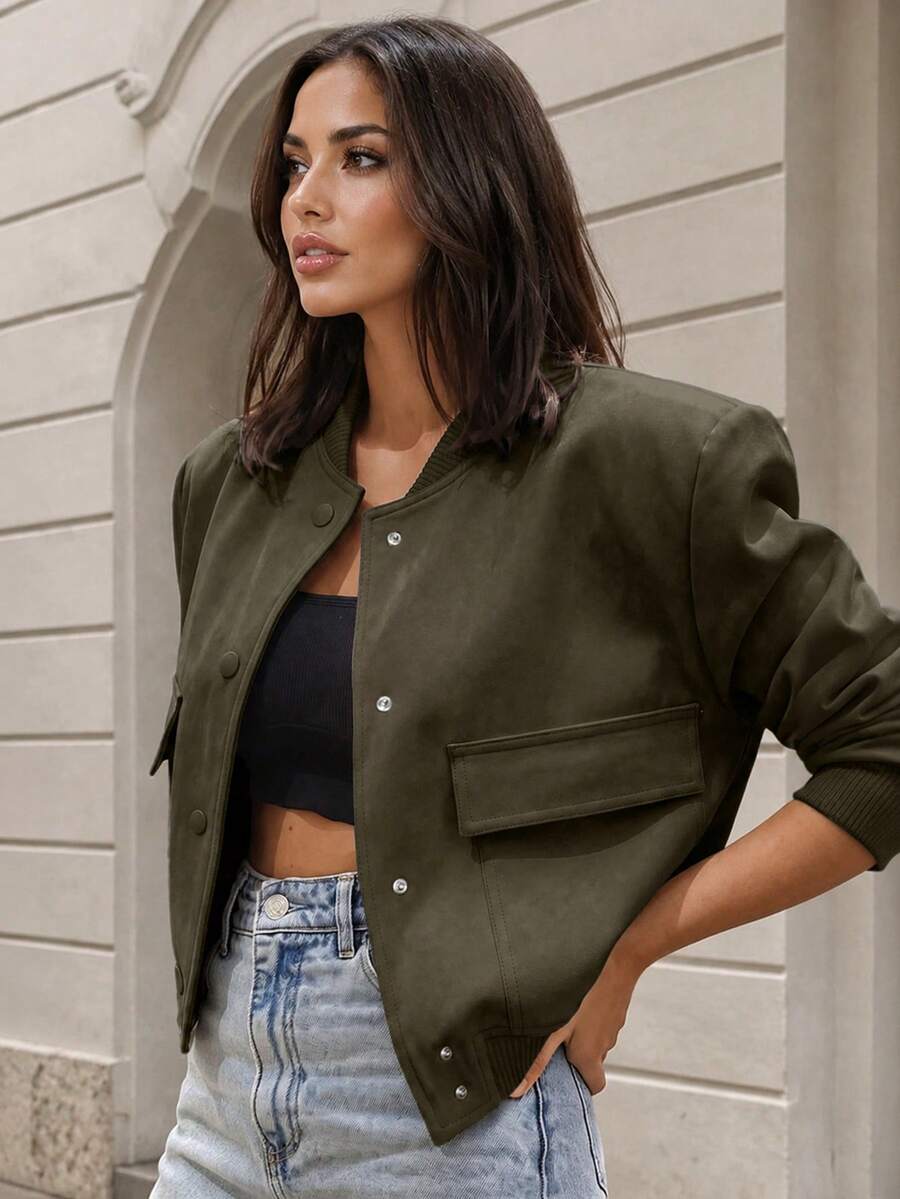 Apperloth A 90s Streetwear Style Grey Flap Pocket Snap Front Bomber Jacket, Oversized Loose Fit Varsity Collar Flight Jacket Spring - Army Green - View 1