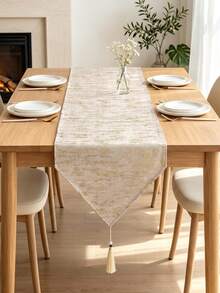1pc Gold Color Decorative Table Runner, Striped Jacquard Fabric,Fall Decor,Autumn Decor,Room Decor - Gold - View 1