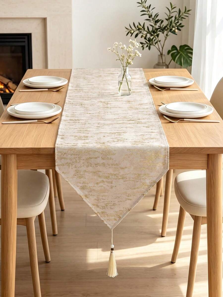 1pc Gold Color Decorative Table Runner, Striped Jacquard Fabric,Fall Decor,Autumn Decor,Room Decor - Gold - View 1