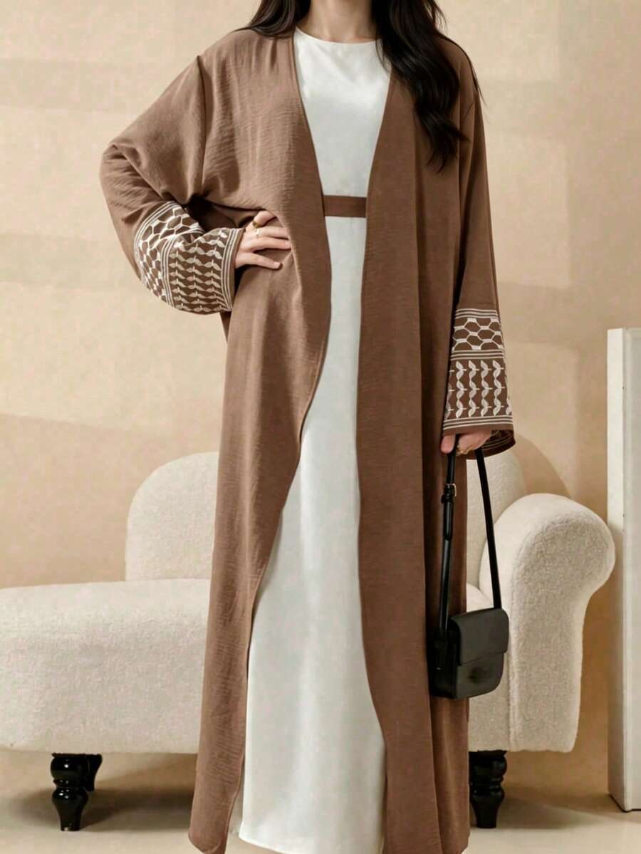 1pc Open Abaya With Embroidered Cuffs, Muslim Islamic Clothing For Women's Daily Wear, Without Headscarf - Multicolor - View 1