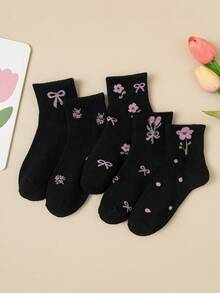 5 Pairs Toddler Girls Anti-Slip Heart Print Mid-Calf Socks - Black - View 2