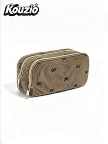 Cute Bow Pattern Corduroy Pencil Case, Large Capacity Double Layer Zipper Pen Pouch With Organizer Slots, Portable Stationery And Cosmetic Storage Bag For School, Office And Travel - Bow-tie Style - View 11