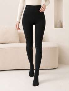1pc Women's Black Opaque Stirrup Tights, Elastic Velvet Non-See-Through Pantyhose, Suitable For Preppy Style, Casual Wear And Daily Outfits - Black - View 4