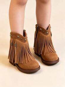 Children's Ankle Boots New Girls' Boots, Little & Big Kids Retro Suede Mid-Calf Boots With Tassels And Rivets, Western Cowboy Style School Boots - Brown - View 2