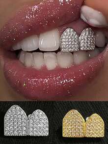 1件裝雙鋯石鑲嵌個性化亮面金屬嘻哈牙套 Grillz，派對日常裝飾，男女通用 - 彩色 - 查看 1